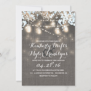 String Lights Mason Jars Rustic Burlap Wedding Invitation