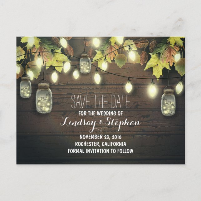 string lights & mason jars rustic save the date announcement postcard (Front)