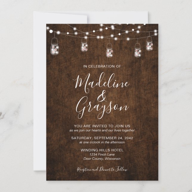 String Lights Mason Jars Rustic Wood Wedding Invitation (Front)