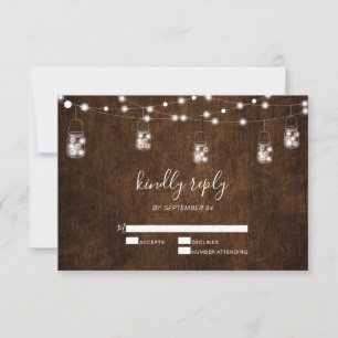 String Lights Mason Jars Rustic Wood Wedding RSVP  Card