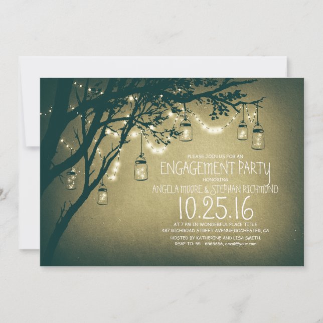 string lights mason jars vintage engagement party invitation (Front)