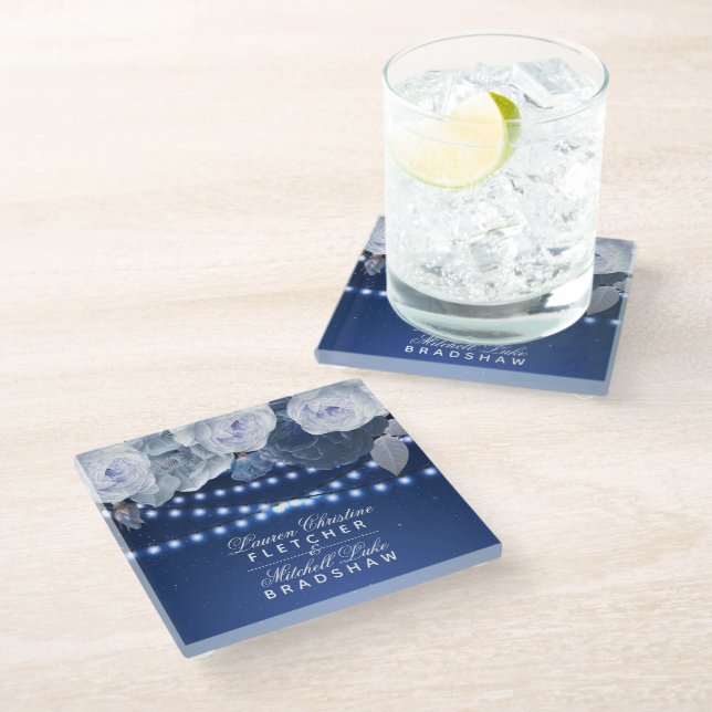 String lights Modern Blue Elegant Wedding Glass Coaster (Angled)