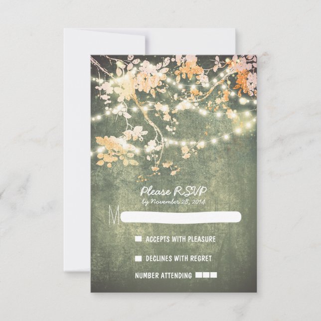 String lights modern rustic wedding RSVP cards (Front)