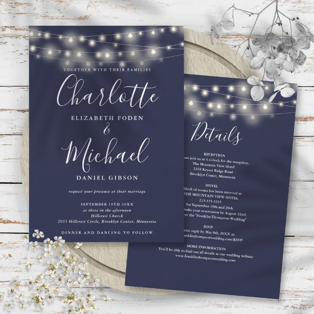 String Lights Navy Blue All In One Simple Wedding Invitation (String Lights Navy Blue All In One Simple Wedding Invitation)