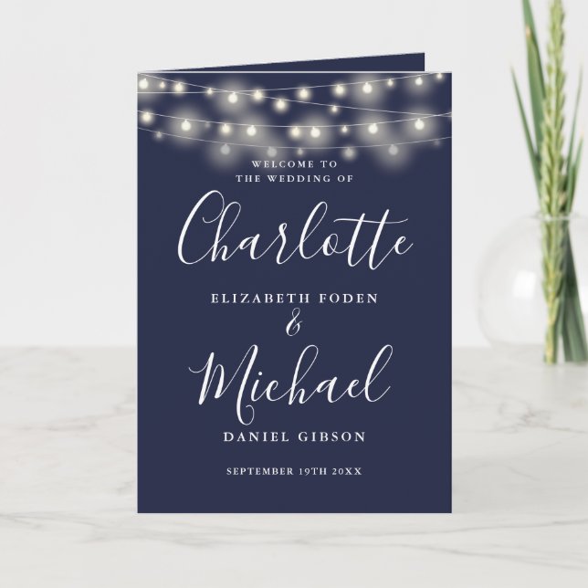 String Lights Navy Blue Elegant Script Wedding Programme (Front)