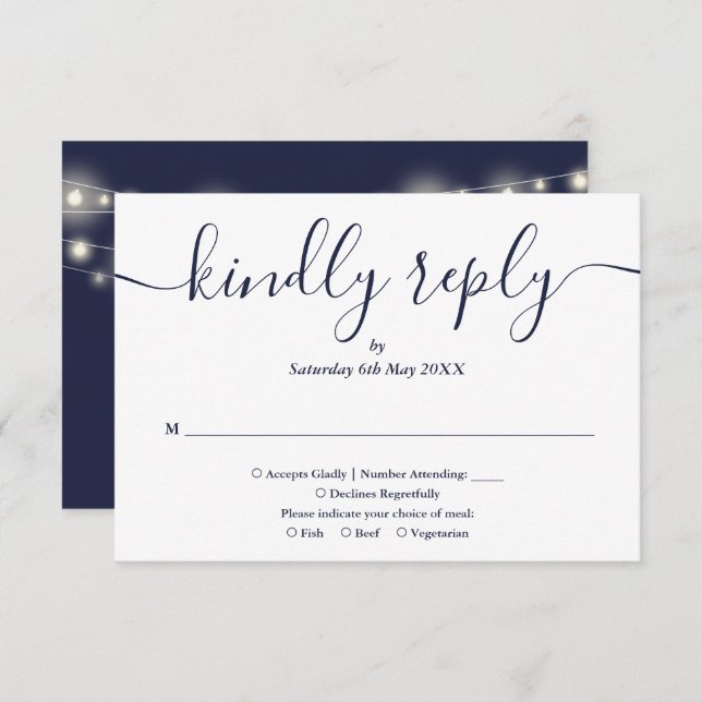 String Lights Navy Blue Script Meal Choice RSVP Card (Front/Back)