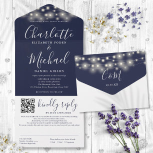 String Lights Navy Blue Script QR Code Wedding All In One Invitation