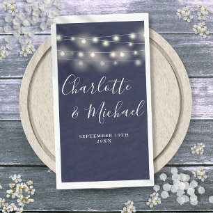 String Lights Navy Blue Signature Script Wedding Napkin