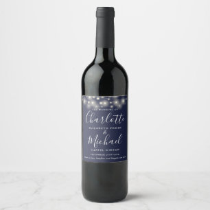 String Lights Navy Blue Signature Script Wedding Wine Label