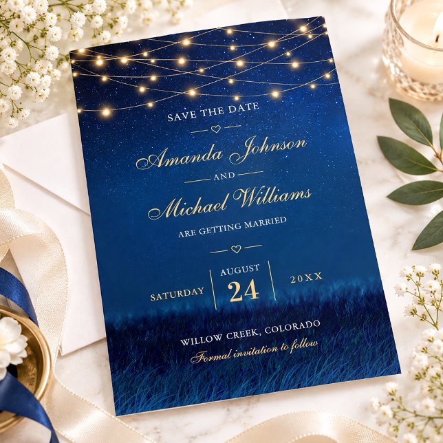 String Lights Navy Blue Starry Night Wedding Save The Date (Creator Uploaded)
