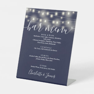 String Lights Navy Blue Wedding Bar Menu Pedestal Sign