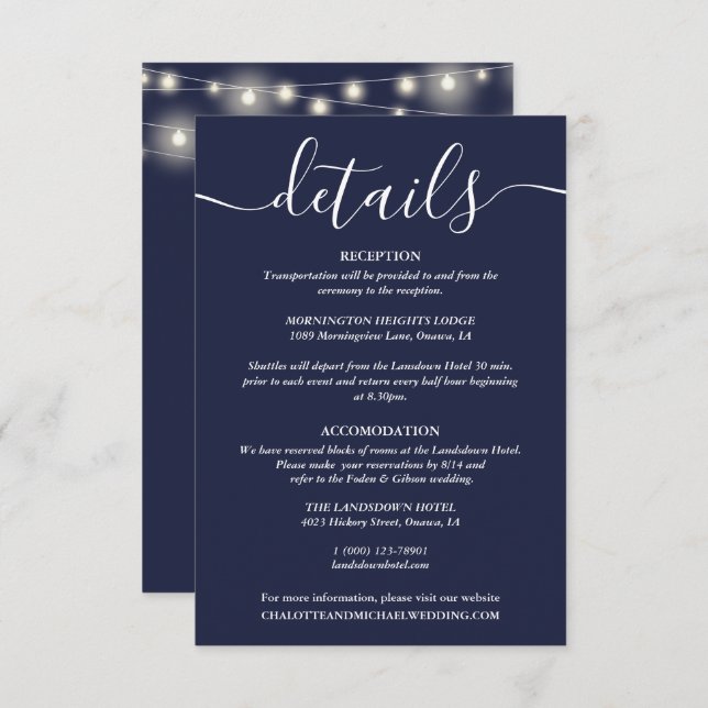 String Lights Navy Blue Wedding Details Enclosure Card (Front/Back)