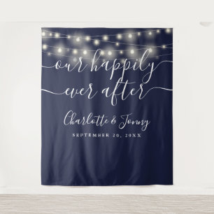 String Lights Navy Blue Wedding Photo Backdrop Tapestry