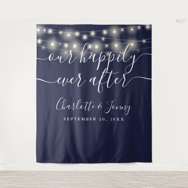 String Lights Navy Blue Wedding Photo Backdrop Tapestry (Front)