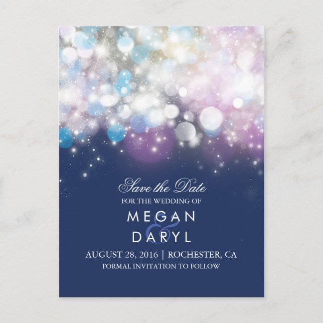 string lights navy rustic save the date announcement postcard (Front)