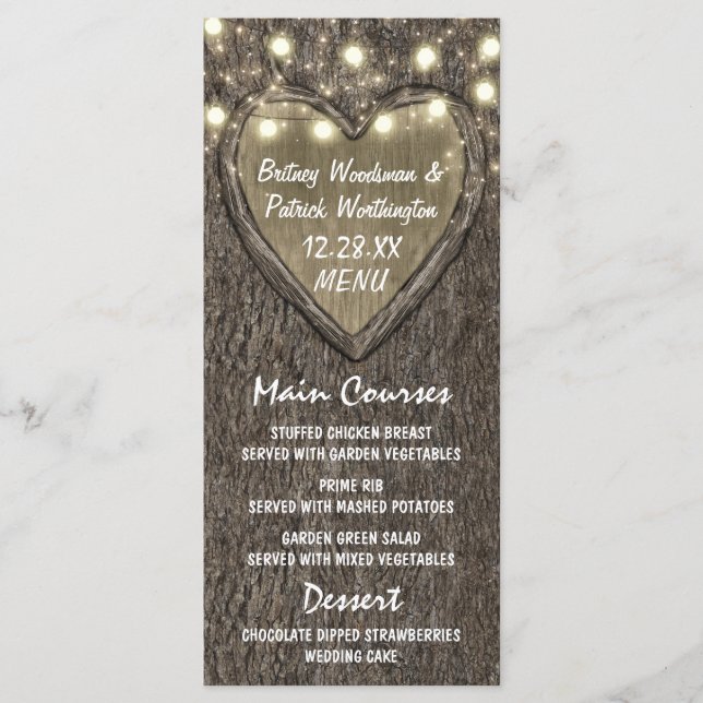 String Lights + Oak Tree Bark Wedding Menu Cards (Front)