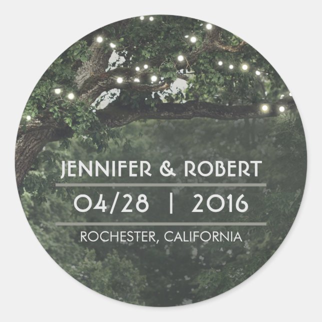 String Lights Oak Tree Branches Rustic Wedding Classic Round Sticker (Front)