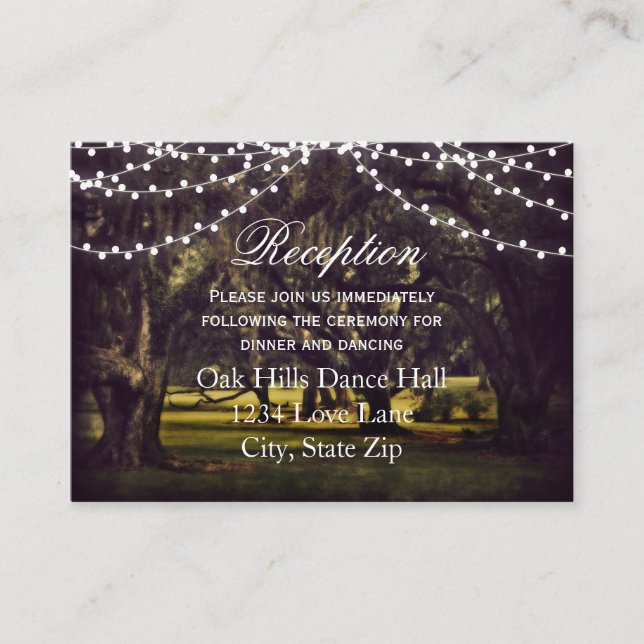 String Lights Oak Tree Wedding Reception Cards (Front)