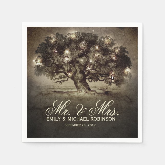String lights old oak tree rustic wedding napkin (Front)