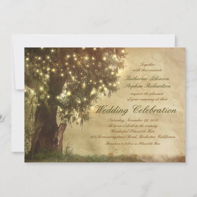 String lights old tree rustic wedding invitation (Front)