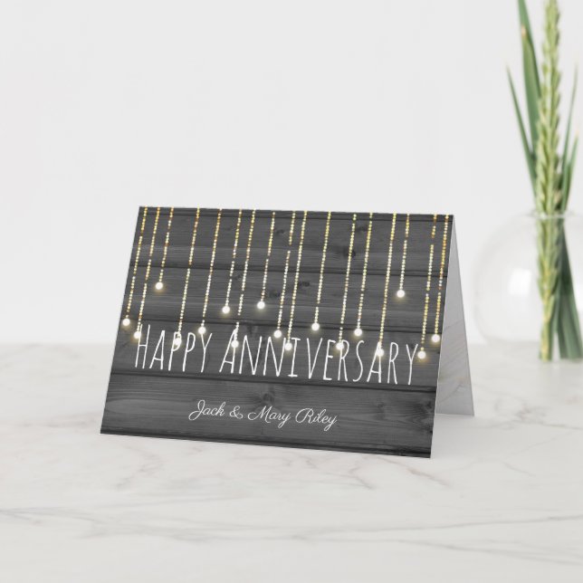 string lights on black rustic wood for anniversary card (Front)