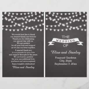 String lights on chalkboard folded wedding program