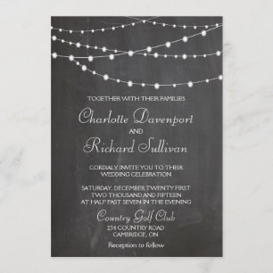 String lights on chalkboard wedding invitation