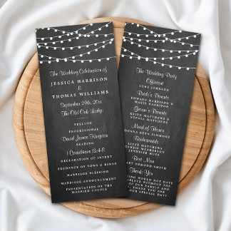 String Lights On Chalkboard Wedding Program Rack Card