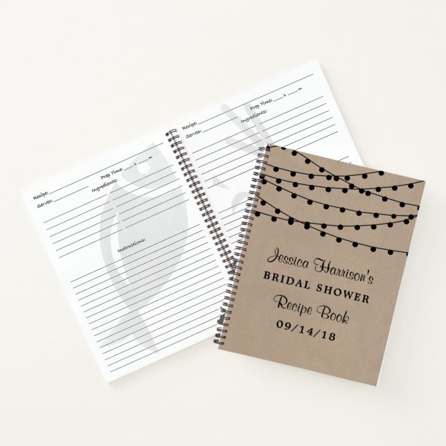 String Lights On Rustic Kraft Bridal Shower Recipe Notebook (Inside)