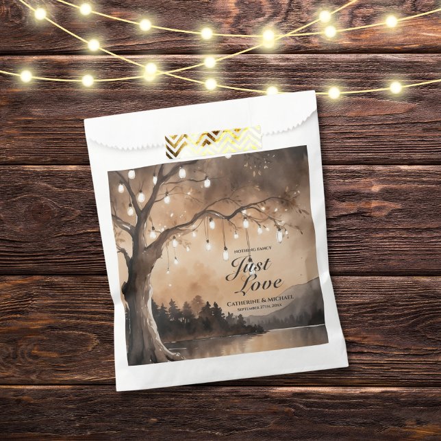 String Lights On Tree Romantic Country Wedding  Favour Bags (Flat lay barn wood fairy lights enchanted woodland forest light bulbs autumn fall leaves favor bag)