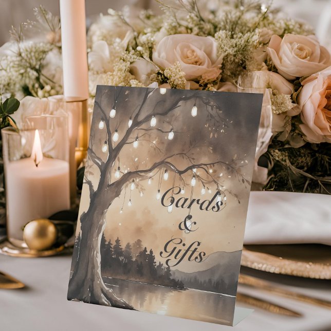 String Lights On Tree Romantic Country Wedding  Pedestal Sign (Angled view string lights on tree romantic country wedding outdoor wedding cards and gifts sign)