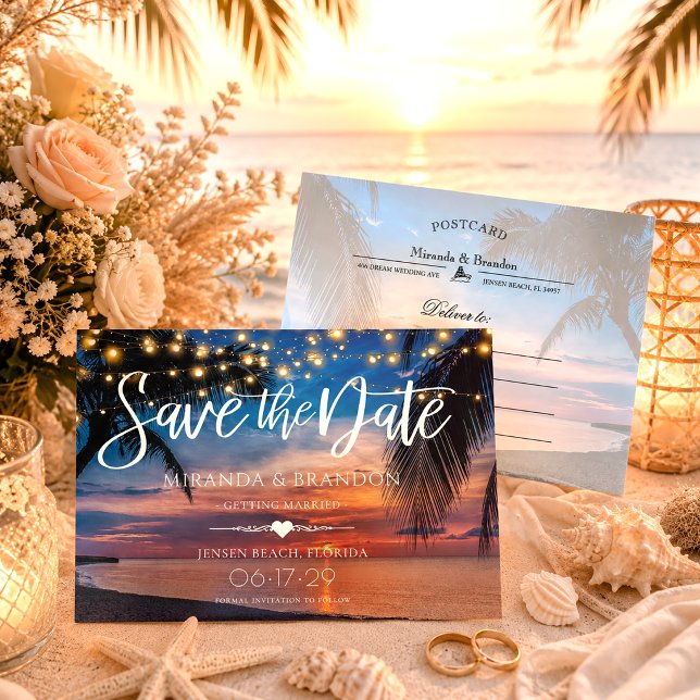 String Lights Palm Beach Wedding Save the Date Announcement Postcard (Creator Uploaded)