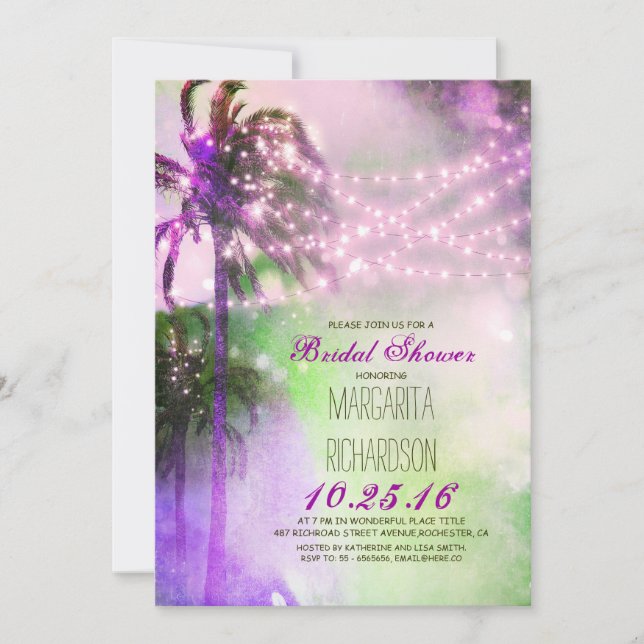 string lights palm trees beach bridal shower invitation (Front)