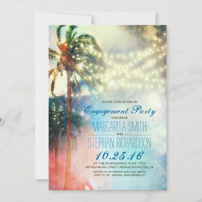 string lights palm trees beach engagement party invitation (Front)