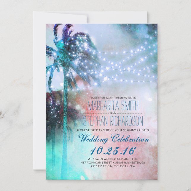 string lights palm trees beach wedding invite (Front)