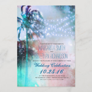 string lights palm trees beach wedding invite