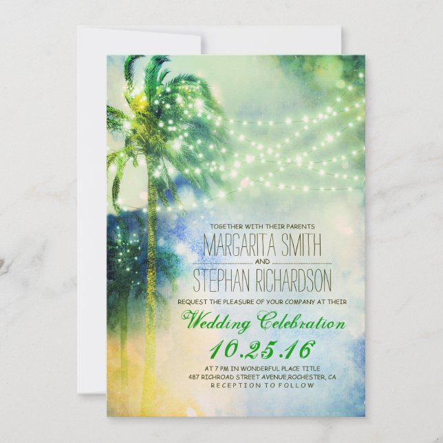 string lights palm trees beach wedding invite (Front)