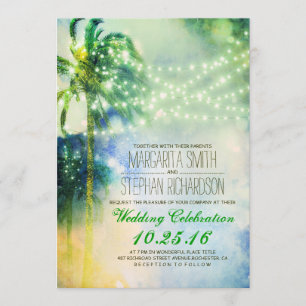 string lights palm trees beach wedding invite