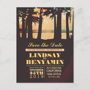 String lights palms beach save the date postcard