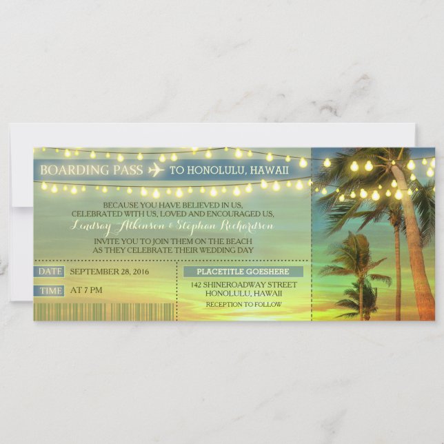 String Lights Palms Wedding Boarding Pass Tickets Invitation (Front)