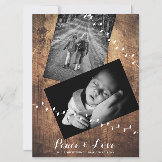 String Lights | Peace & Love Christmas Photo Wood Holiday Card (Front)