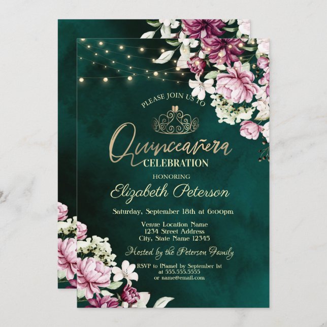 String Lights Pink Flowers Green Quinceañera  Invitation (Front/Back)