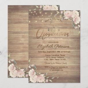 String Lights Pink Flowers Wood Quinceañera  Invitation