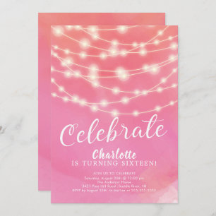 String Lights Pink Sweet 16th Birthday Invitation