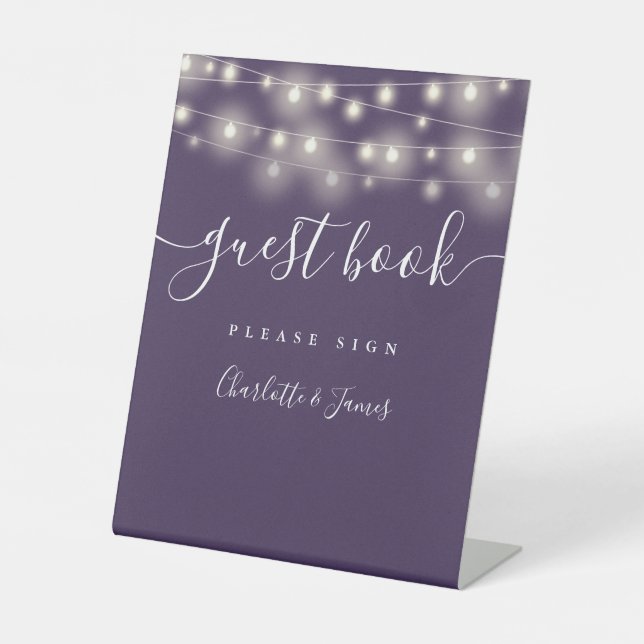 String Lights Purple Script Guest Book Pedestal Sign (Front)