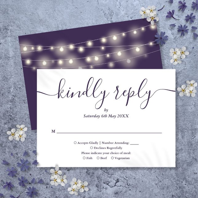 String Lights Purple Script Meal Choice RSVP Card (String Lights Purple Script Meal Choice RSVP Card)