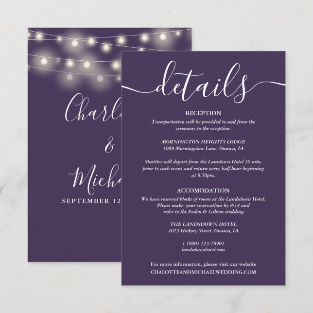 String Lights Purple Wedding Details Enclosure Card (Front/Back)