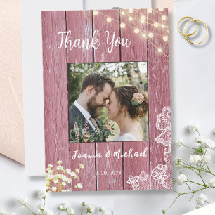 String Lights Purple Wood & Lace Wedding Thank You Card