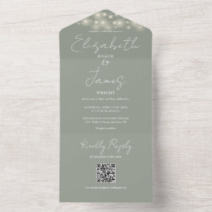 String Lights QR Code Sage Green Wedding All In One Invitation