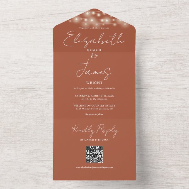 String Lights QR Code Terracotta Wedding All In One Invitation (Inside)